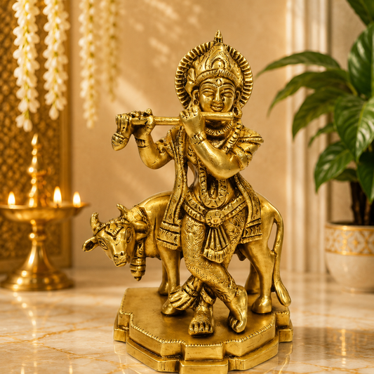 Premium Brass Krishna Idol with Cow
