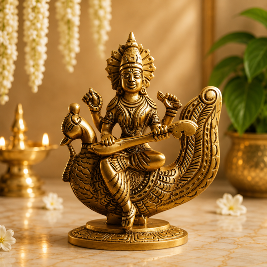 Brass Goddess Saraswati Idol on Swan